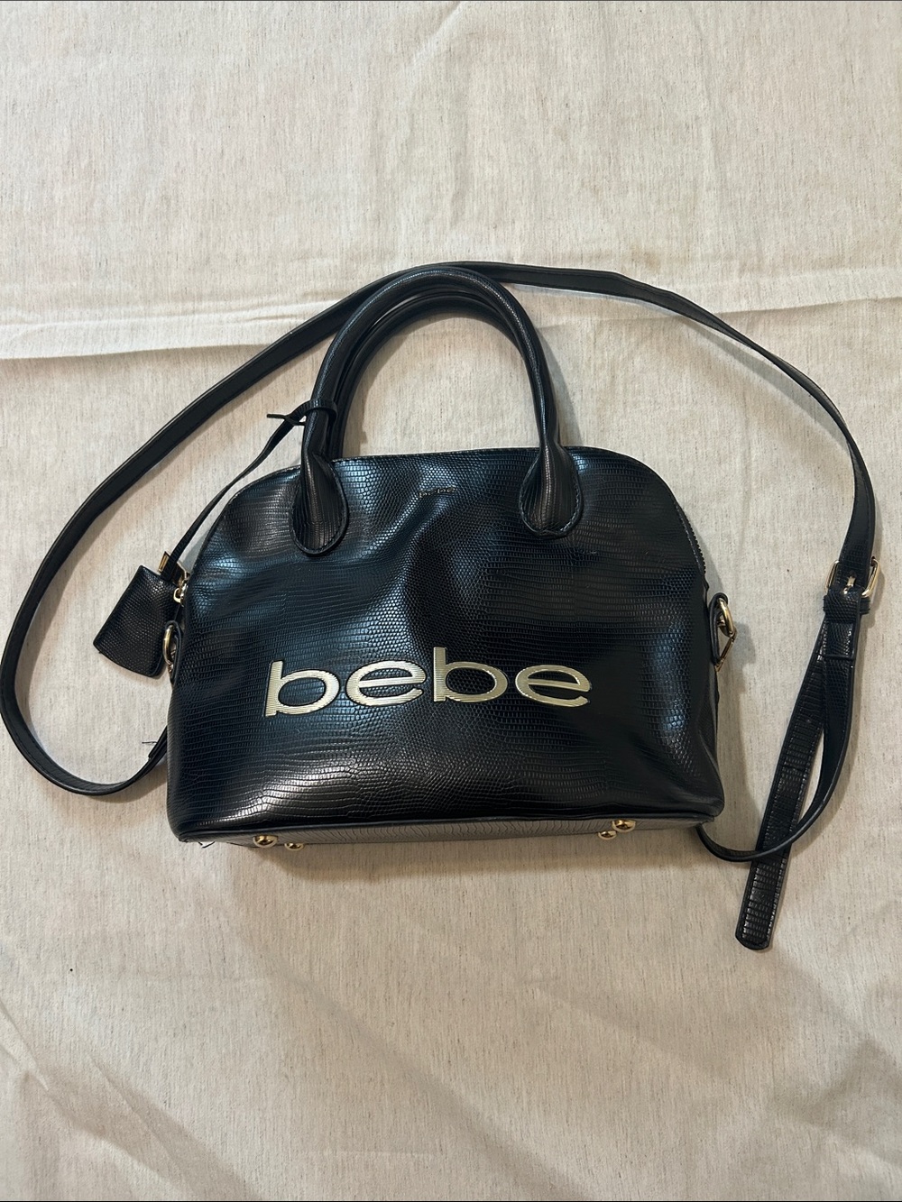 bebe Black Logo Dome Satchel with Adjustable Crossbody Strap